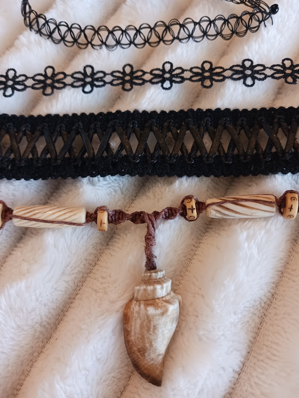 Set of Four Chokers with Shell Pendant - Black & Brown